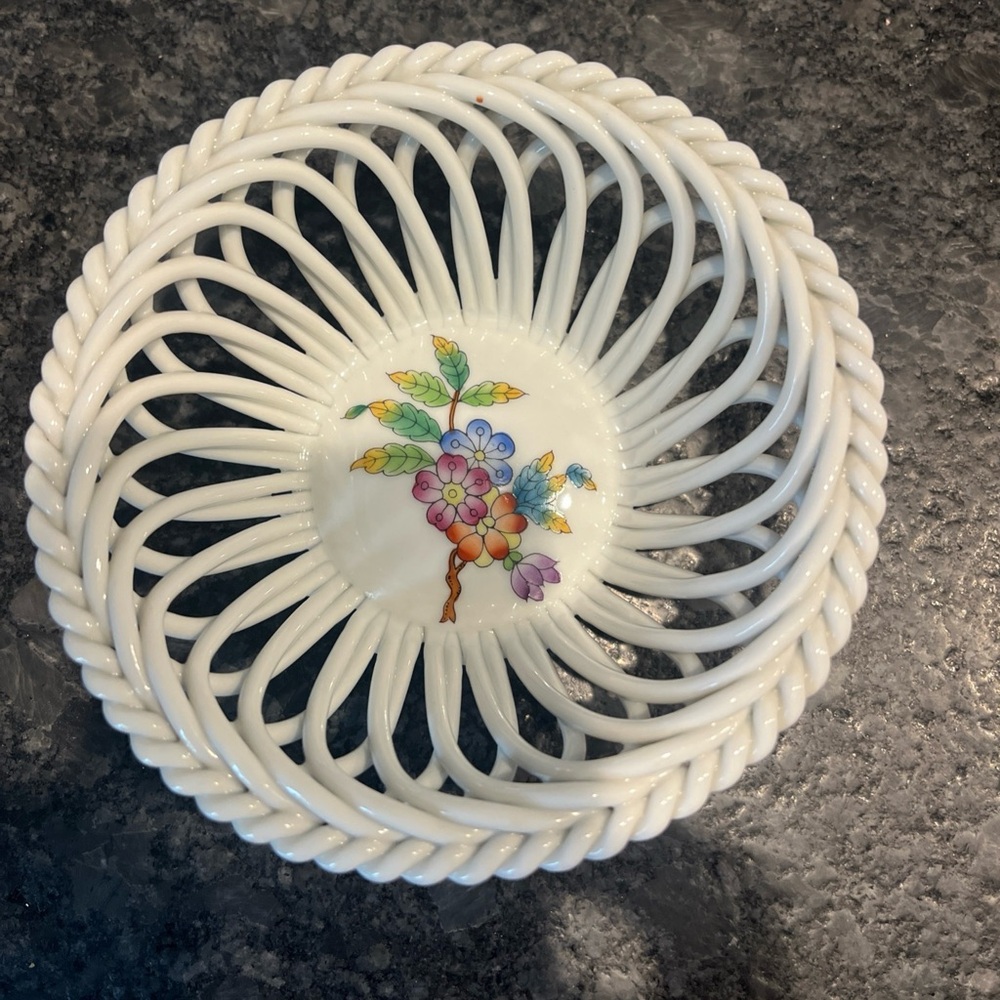 Herend White Basket with Floral Design